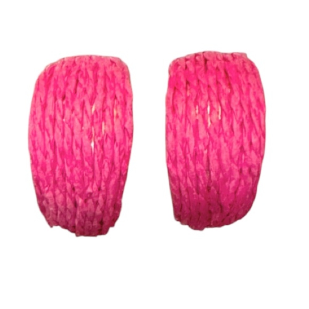 Hot pink woven straw textured gold 1.5” crescent hoop earrings